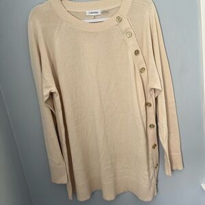 Calvin Klein Tan Crew Neck Sweater with Relaxed Fit‎ button detail